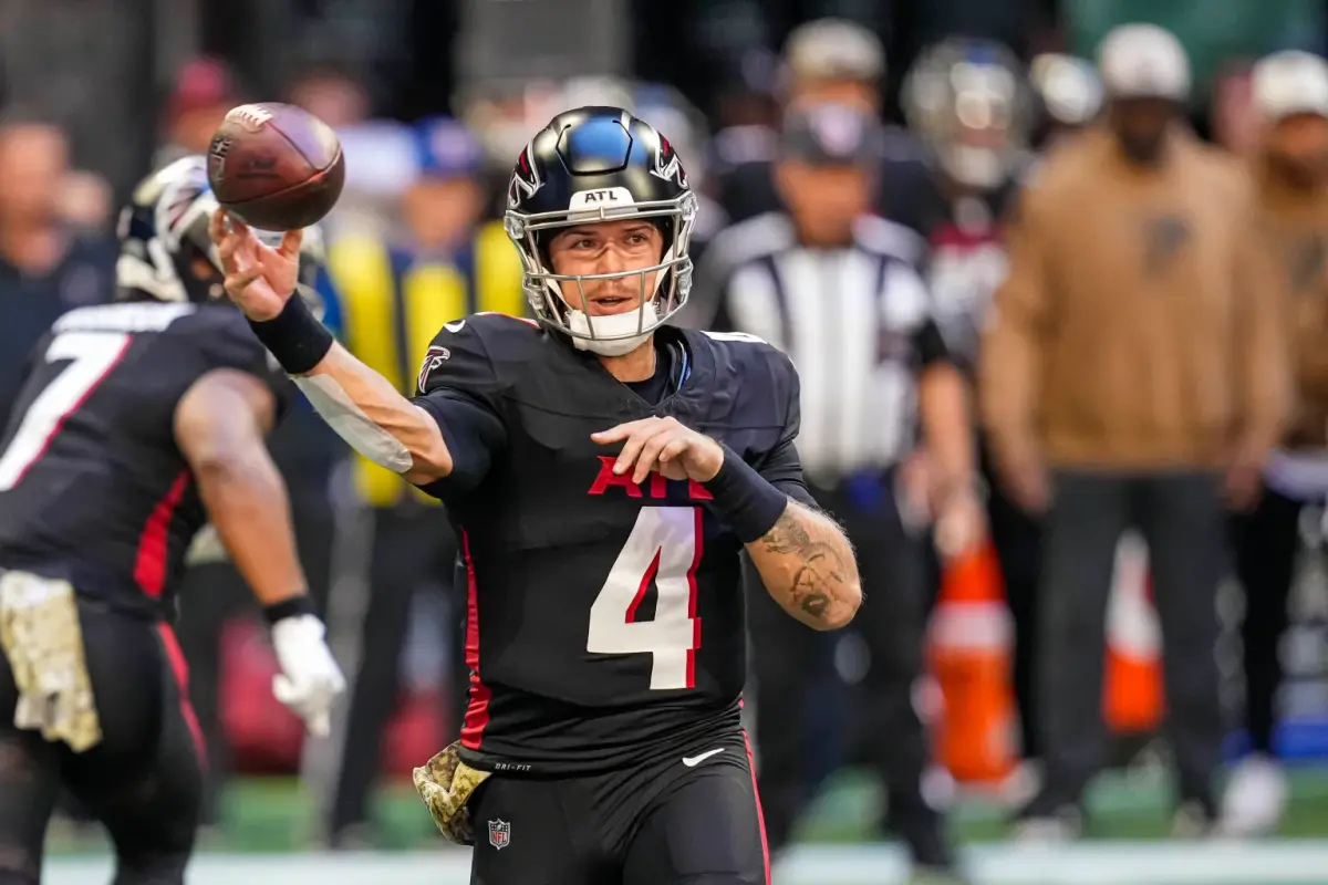 Nov 5, 2023; Atlanta, Georgia, USA; Atlanta Falcons quarterback Taylor Heinicke (4) passes the ball against the Minnesota Vikings during the first quarter at Mercedes-Benz Stadium.